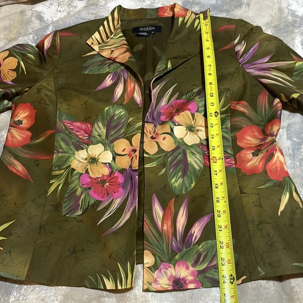 Peck & Peck Collection Women’s SZ 14 Floral Olive Open Front Silk Blend Blazer - Picture 9 of 13